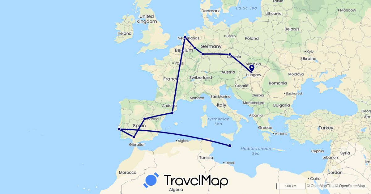 TravelMap itinerary: driving in Czech Republic, Germany, Spain, Hungary, Malta, Netherlands, Portugal (Europe)